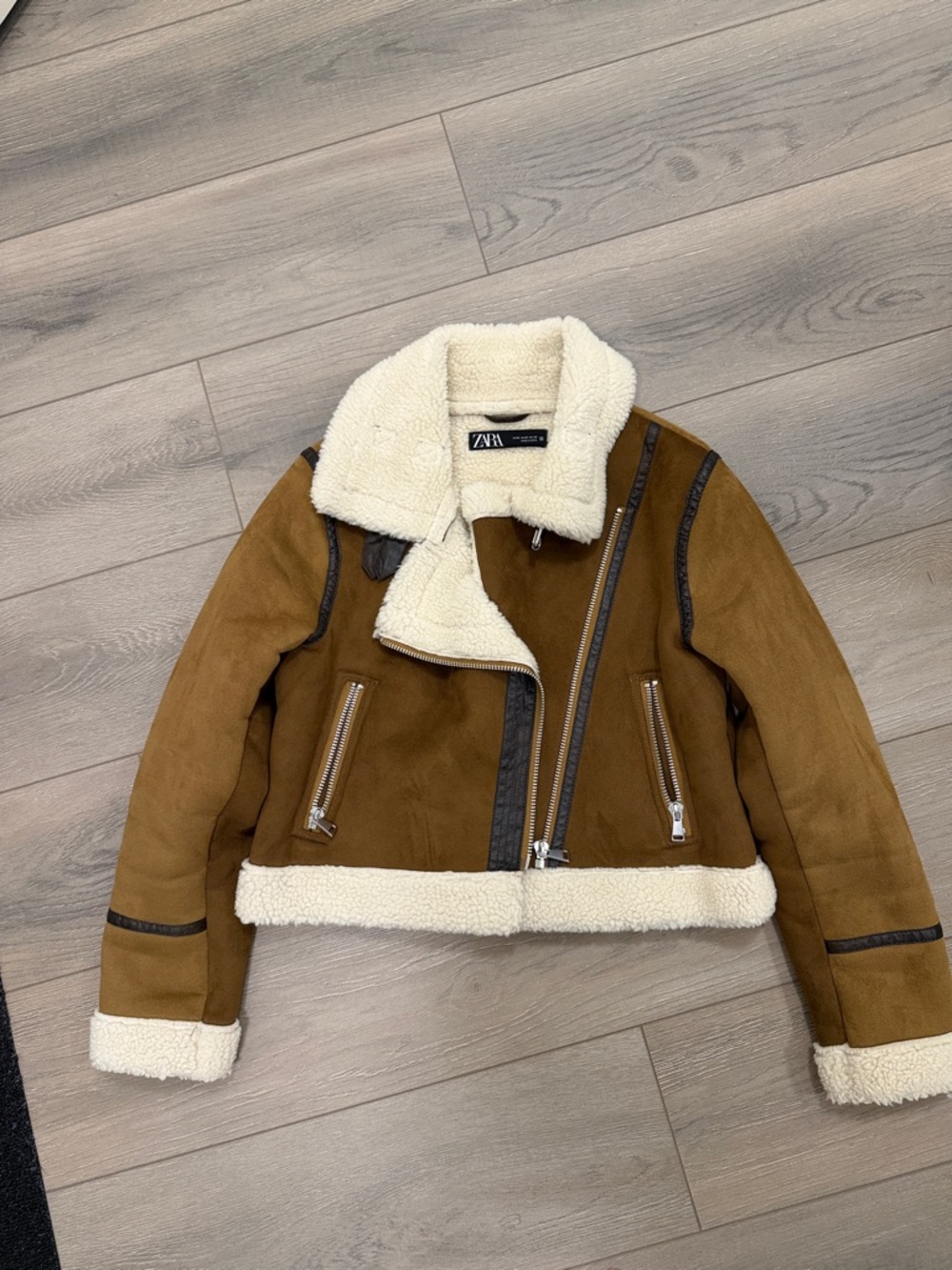 Zara Fleeced Brown Suede Jacket - Picture 3 of 7